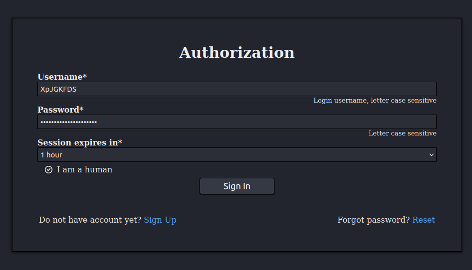 Dark Matter Login Window